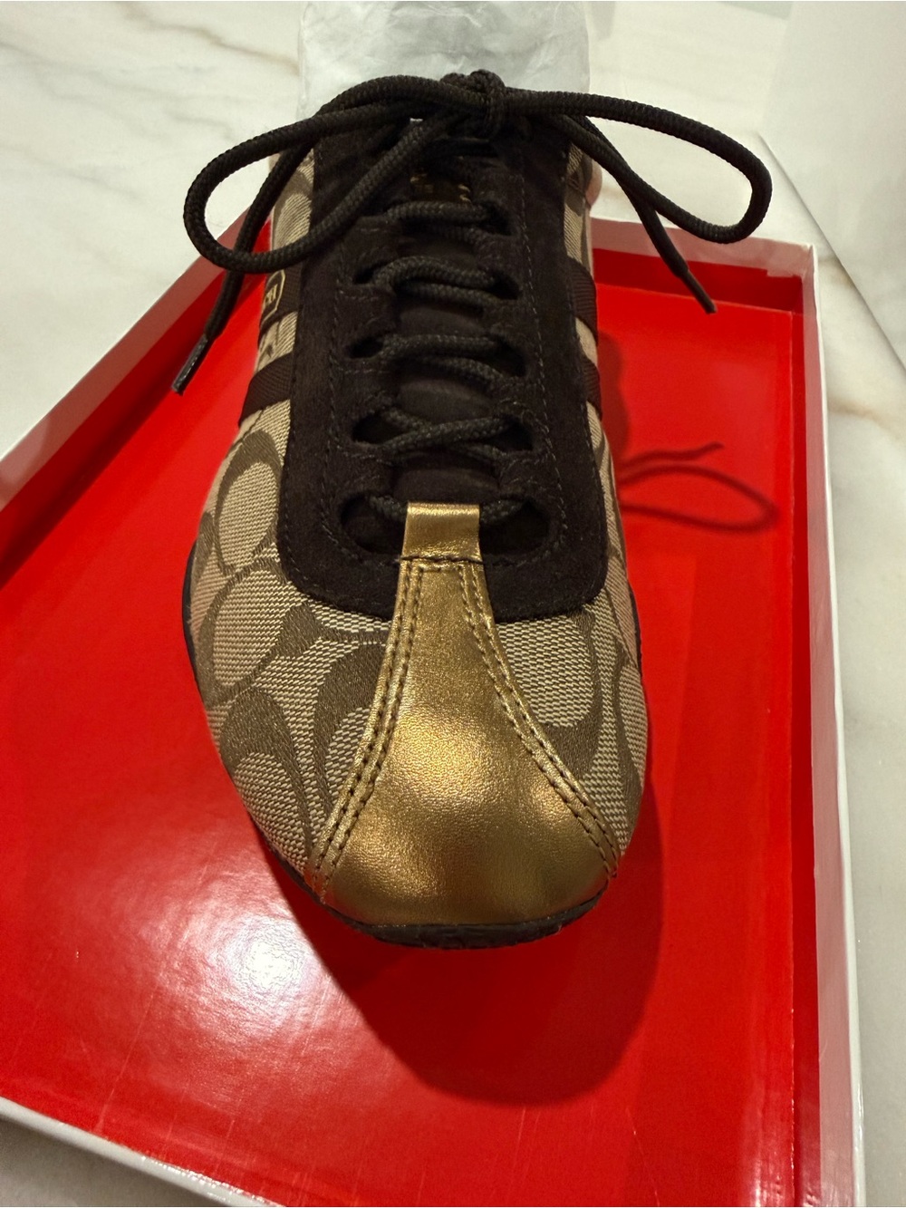 Coach Women’s Signature Logo Katelyn Sneaker in Brown and Gold - Picture 5 of 8